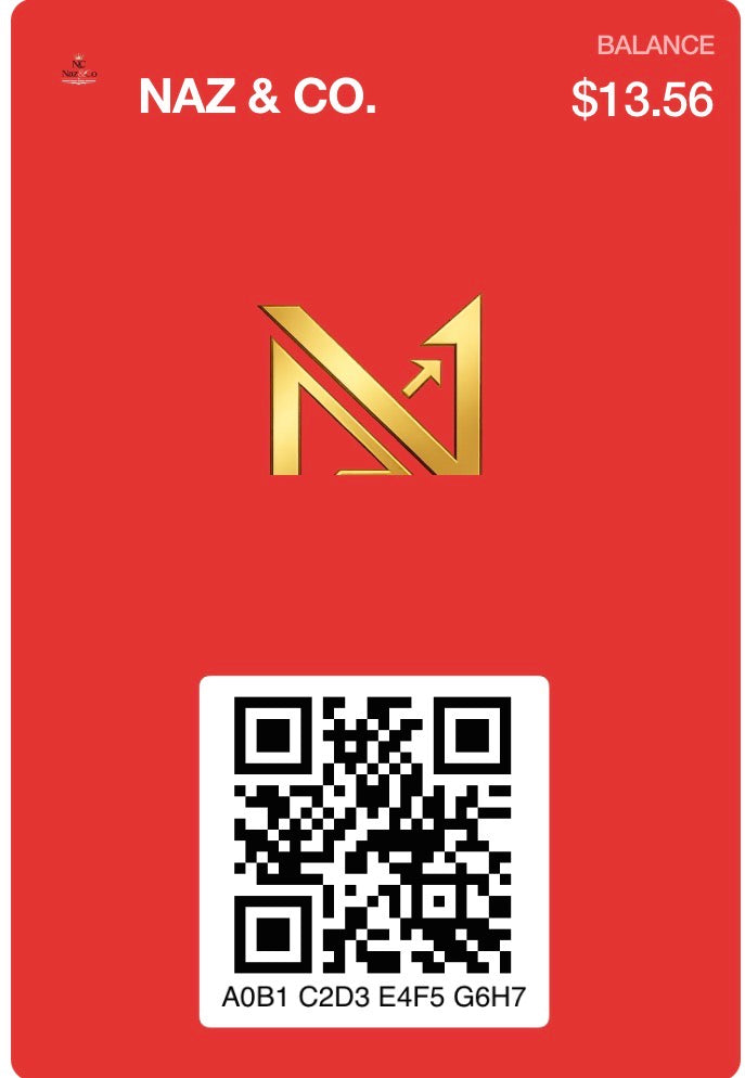 A red card or gift voucher from NAZ & CO. showing a gold stylized 'N' logo, a black-and-white QR code, and a balance of $13.