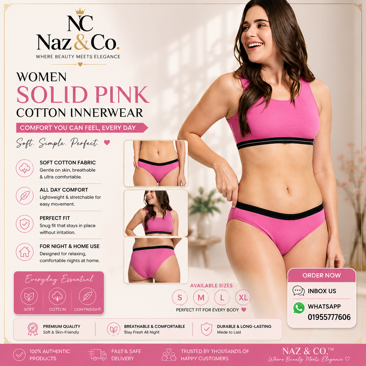 Women’s solid pink cotton innerware