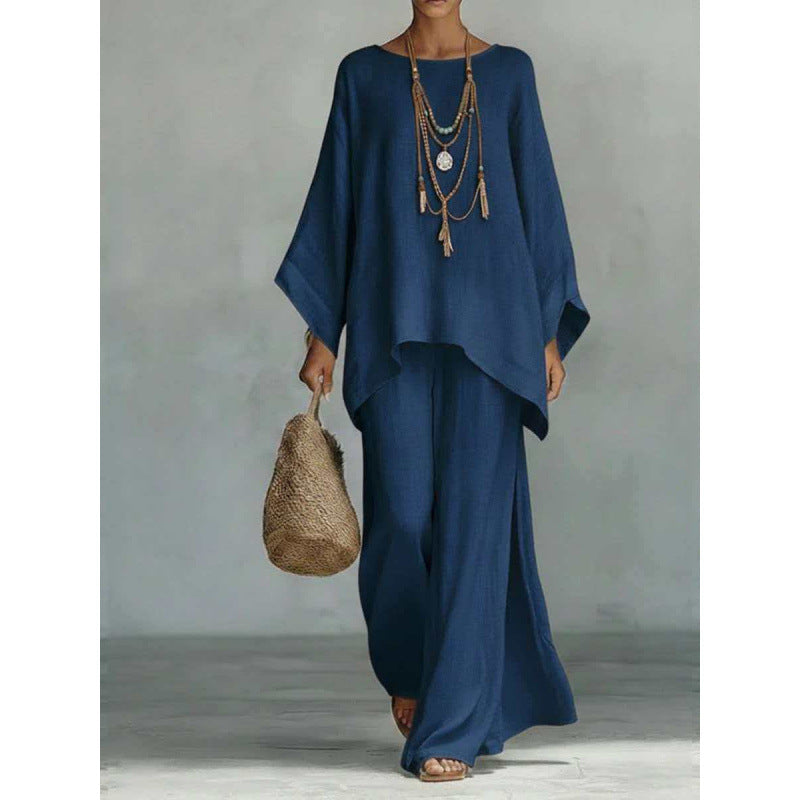 2026 European and American Cross-Border New Style Women's Simple Loose Linen Blend Shirt and Wide-Leg Pants Set