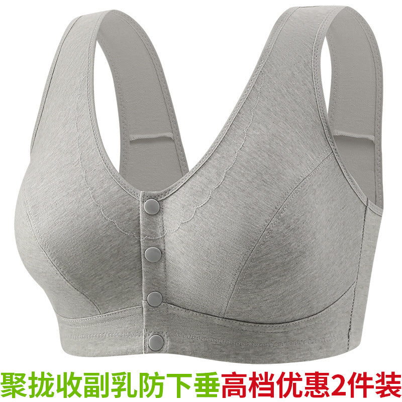 Plus Size mm Cup Middle-Aged Women's Underwear, Thin Cotton, Non-Padded, Full Cup Bra with Snap Fasteners