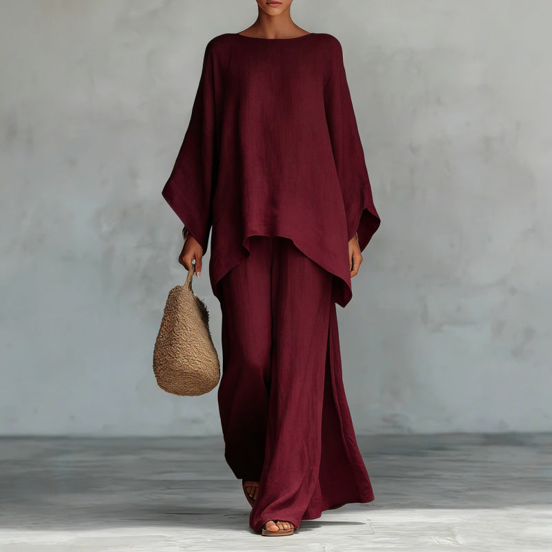 2026 European and American Cross-Border New Style Women's Simple Loose Linen Blend Shirt and Wide-Leg Pants Set