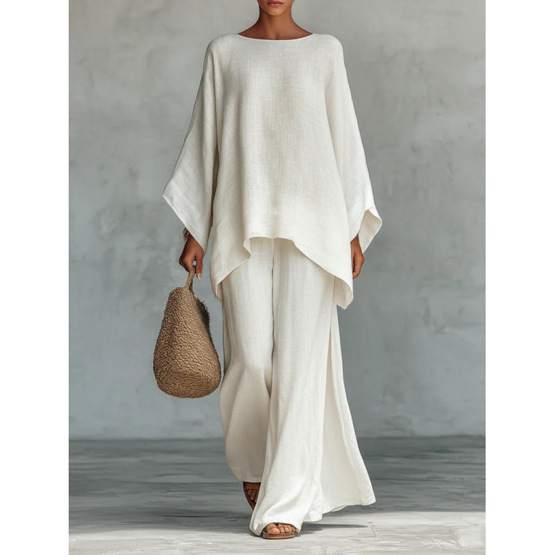 2026 European and American Cross-Border New Style Women's Simple Loose Linen Blend Shirt and Wide-Leg Pants Set