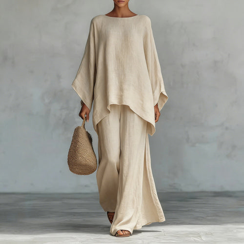 2026 European and American Cross-Border New Style Women's Simple Loose Linen Blend Shirt and Wide-Leg Pants Set