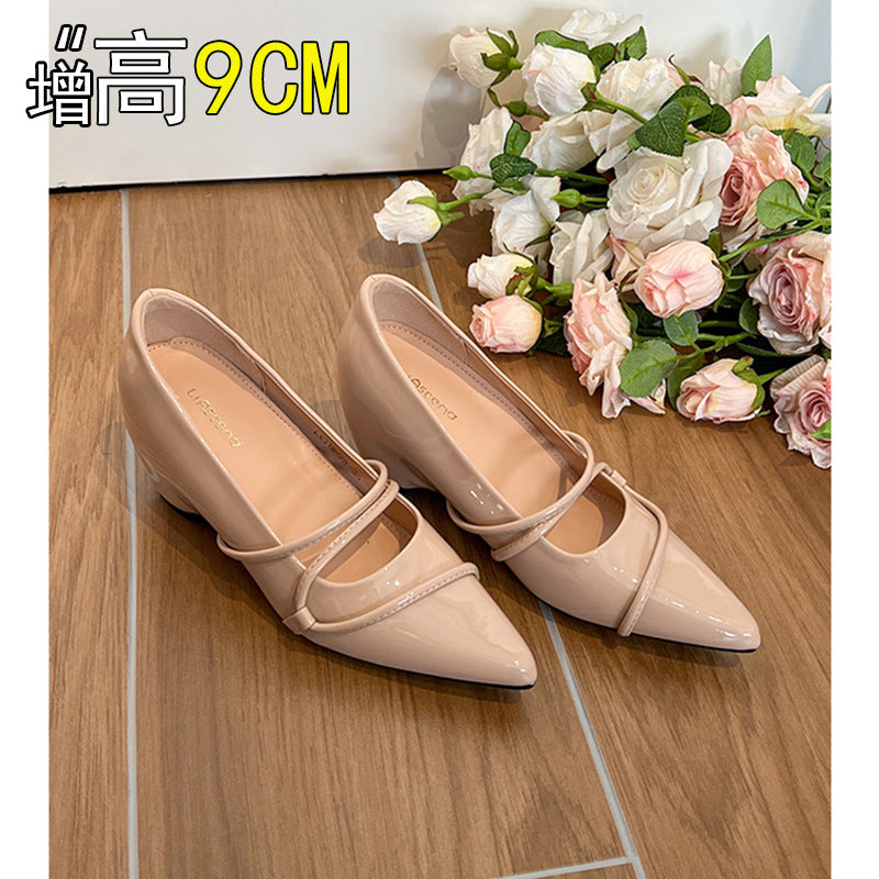 Women's French-Style Pointed-Toe Nude-Colored Gentle Single Shoes with a 9cm Hidden Heel for Petite Individuals, Featuring Cross Straps, Suitable for Commuting and Professional Fashion