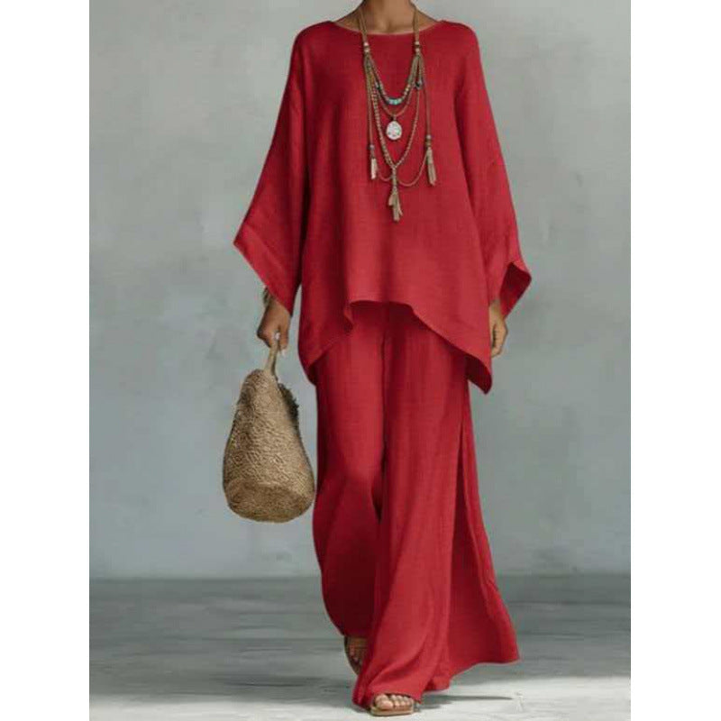 2026 European and American Cross-Border New Style Women's Simple Loose Linen Blend Shirt and Wide-Leg Pants Set