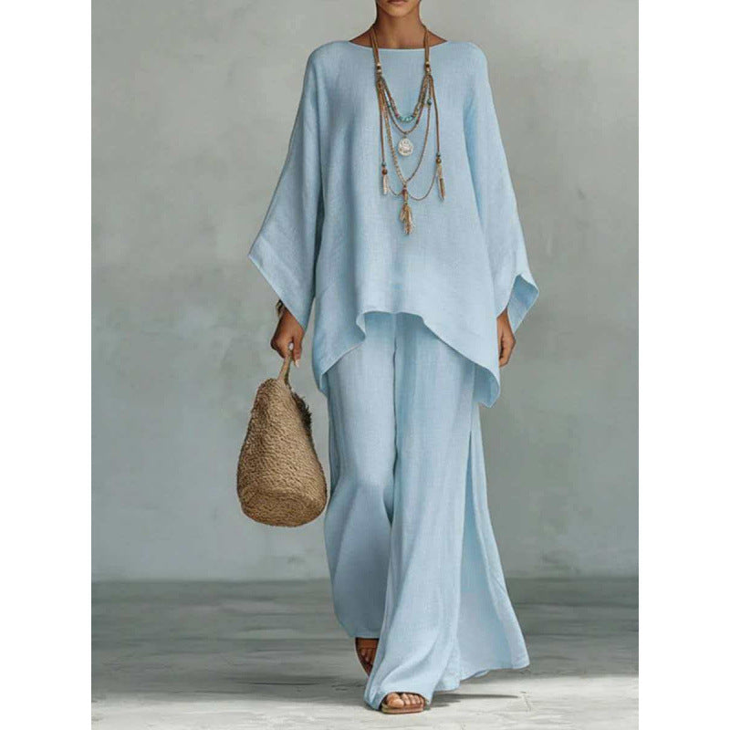 2026 European and American Cross-Border New Style Women's Simple Loose Linen Blend Shirt and Wide-Leg Pants Set