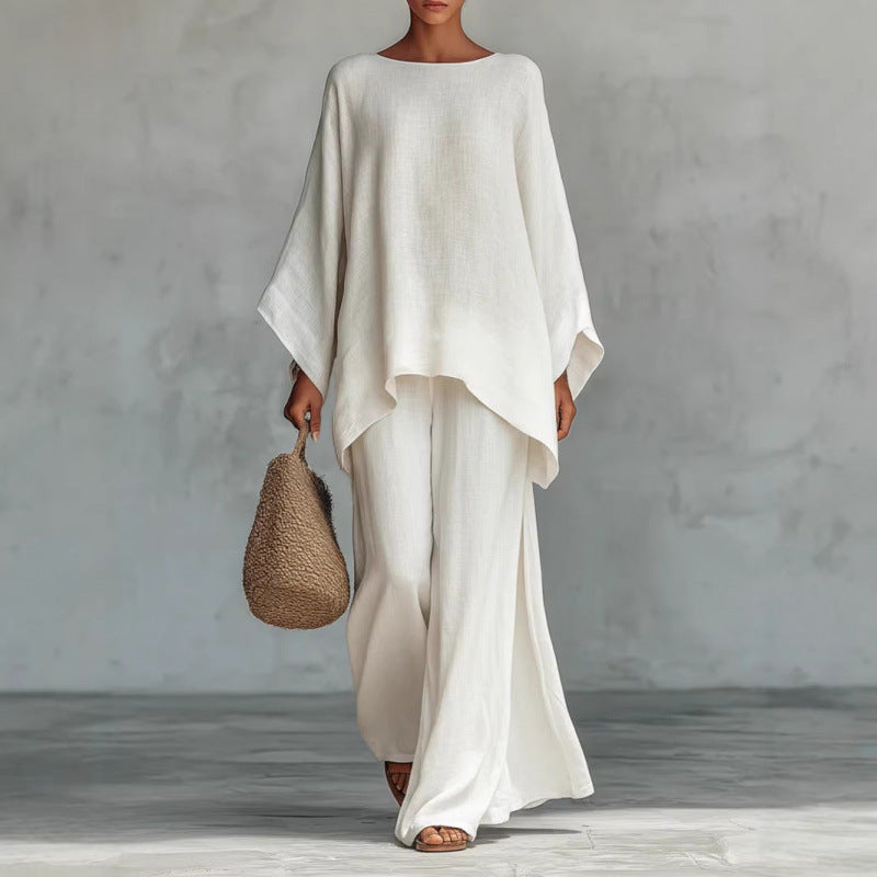 2026 European and American Cross-Border New Style Women's Simple Loose Linen Blend Shirt and Wide-Leg Pants Set