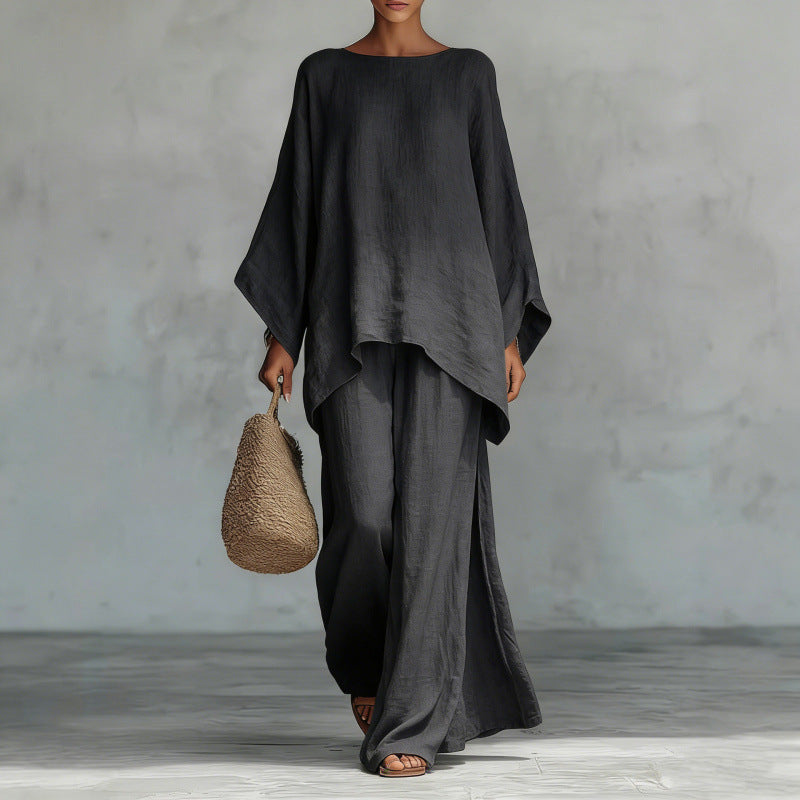 2026 European and American Cross-Border New Style Women's Simple Loose Linen Blend Shirt and Wide-Leg Pants Set
