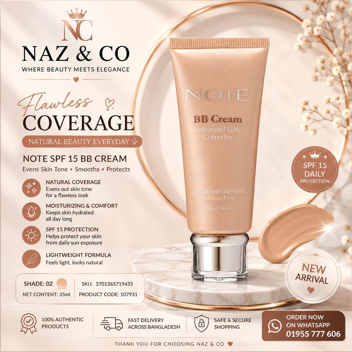 A cosmetic advertisement for NOTE BB Cream by NAZ & CO, showing a beige squeeze tube of Advanced Skin Corrector BB Cream with a silver cap, alongside a swatch of cream on a marble surface. The ad includes product details, benefits, and contact information on a beige background with gold decorative elements.