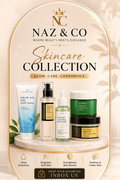 A promotional collage for the NC Naz & Co Skincare Collection, featuring five skincare products arranged on a marble pedestal with elegant gold framing and text overlays.