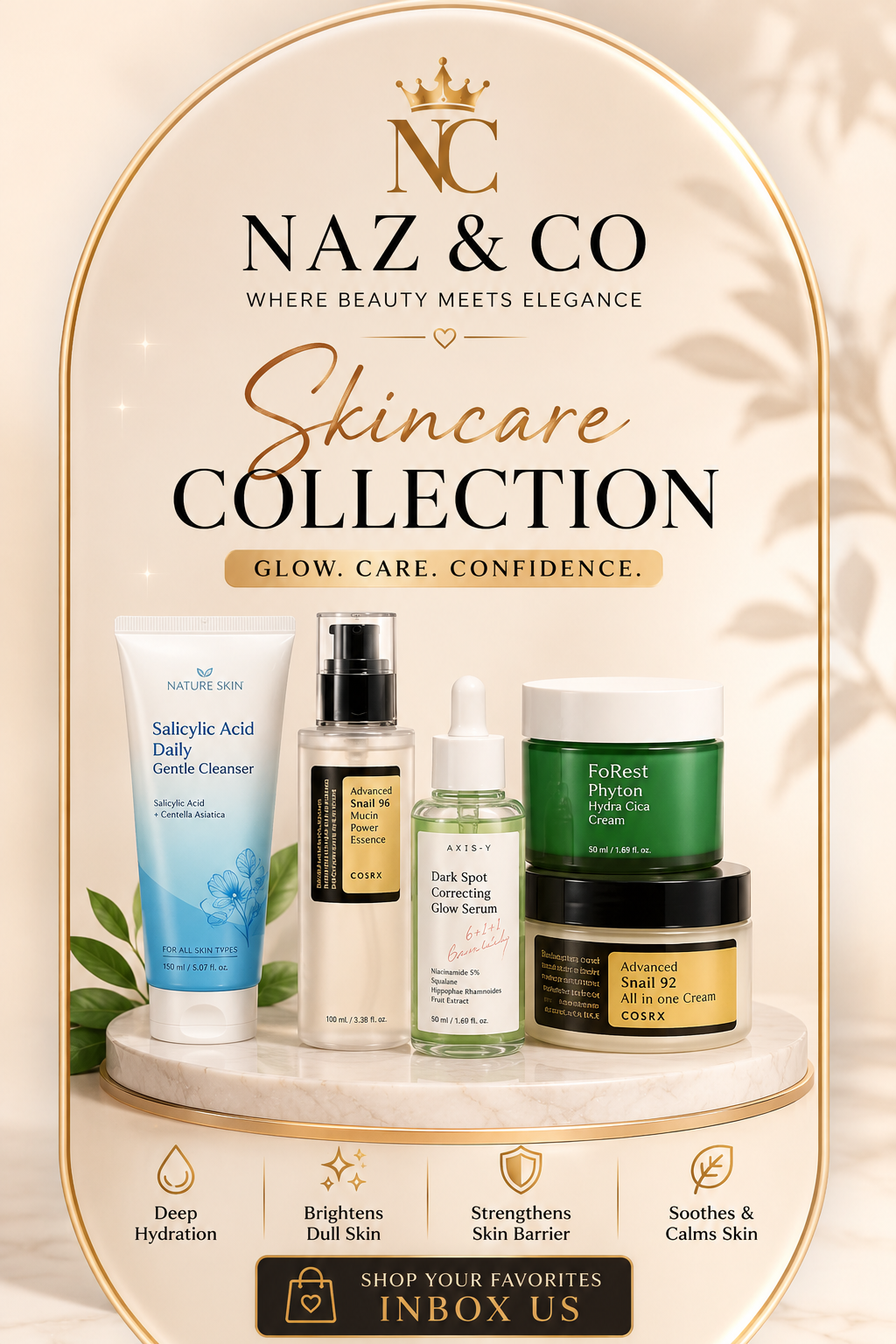A promotional collage for the NC Naz & Co Skincare Collection, featuring five skincare products arranged on a marble pedestal with elegant gold framing and text overlays.